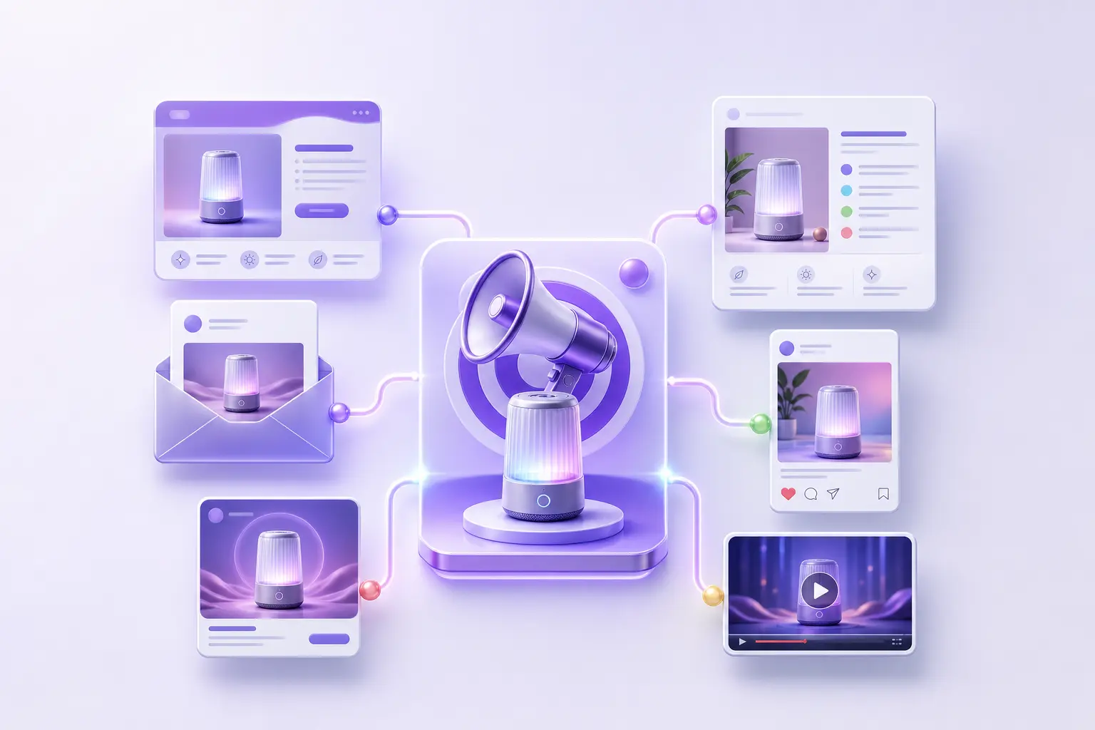 A coordinated campaign presents one product across a landing page, product copy, email, social post, ad creative, and video