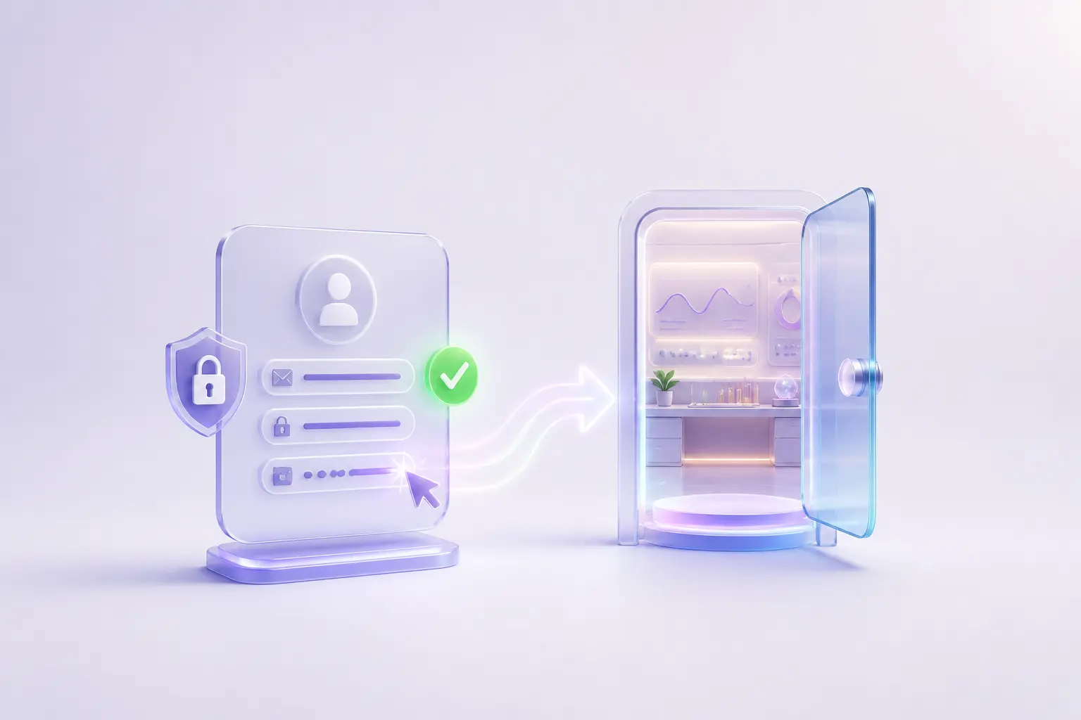 A secure account form is completed and verified, opening a glass doorway into the TotalMagic workspace