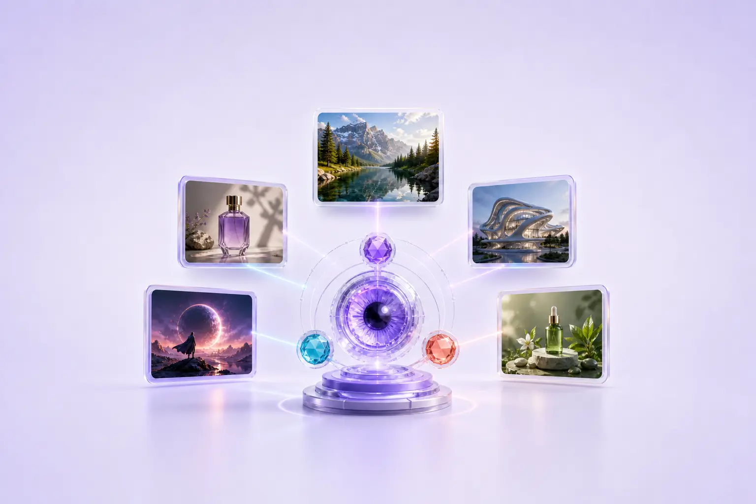 A multi-lens AI image studio connects to realistic landscape, product, architecture, thumbnail, and advertising visuals