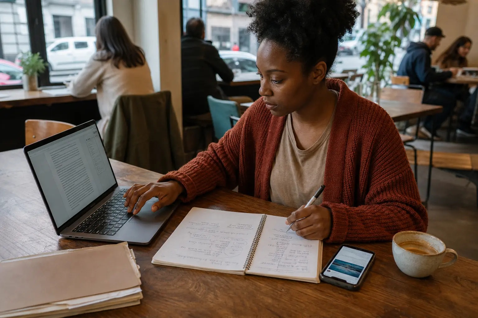 A writer works between a laptop draft, marked-up notebook, and phone preview at a neighborhood cafe