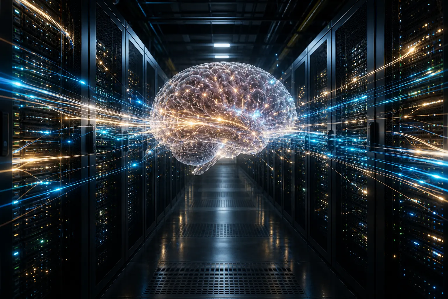 A luminous brain sends neural thoughts as high-speed light trails through racks in a photorealistic data center