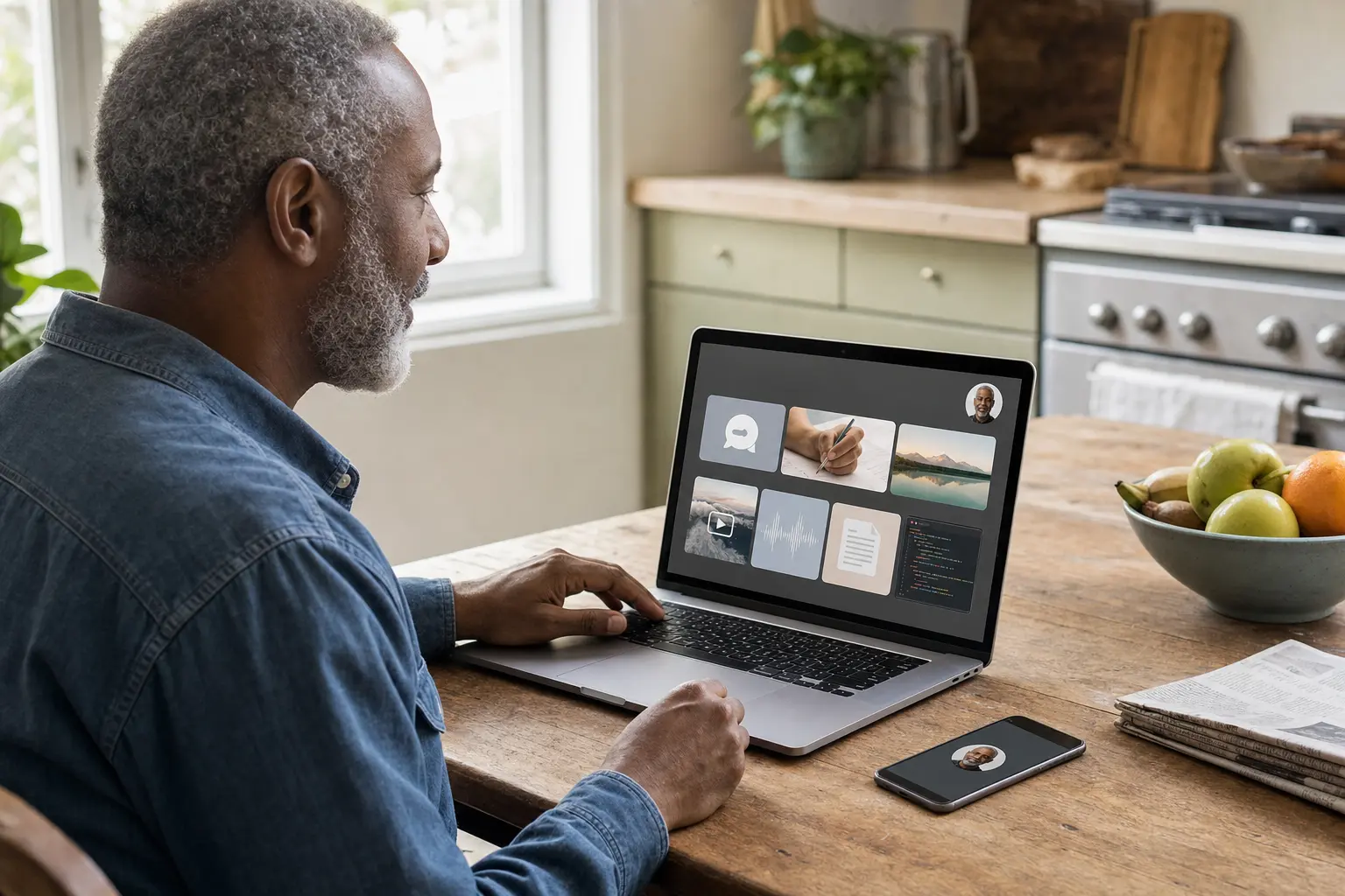 One person uses the same signed-in profile on a phone and a laptop offering several AI task categories