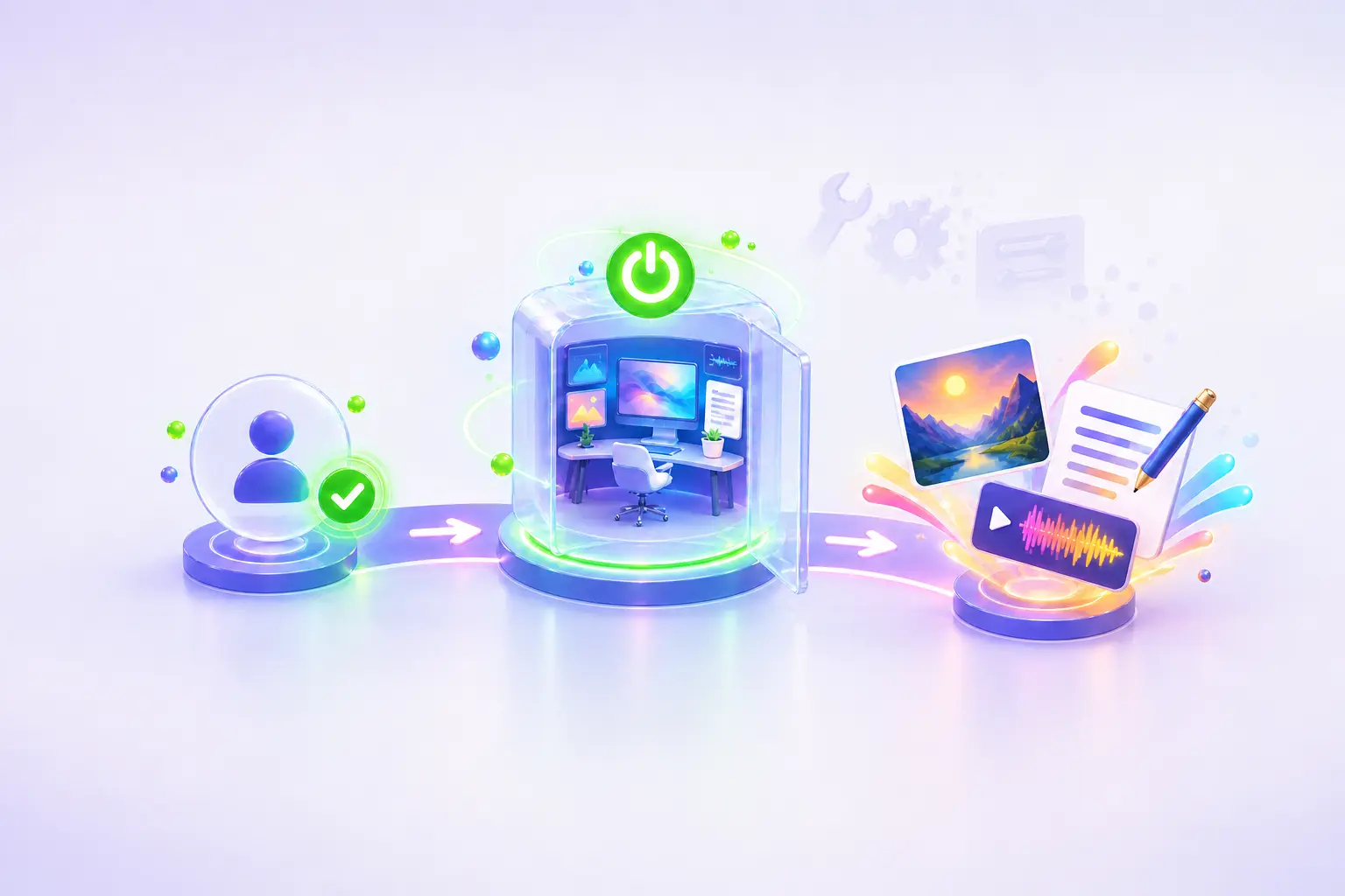 A verified account enters an already-powered TotalMagic workspace and immediately launches image, writing, and audio outputs